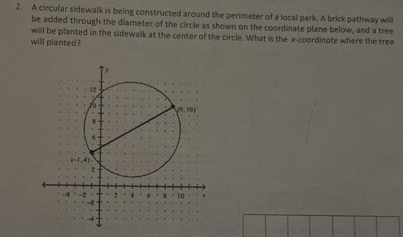 2. A circular sidewalk is being constructed around the perimeter of a local park. A brick pathway will be added through the diameter of the circle as shown on the coordinate plane below, and a tree will be planted in the sidewalk at the center of the circle. What is the \( x \)-coordinate where the tree will planted?