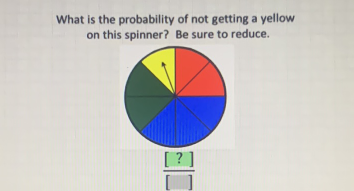What is the probability of not getting a yellow on this spinner? Be sure to reduce.
