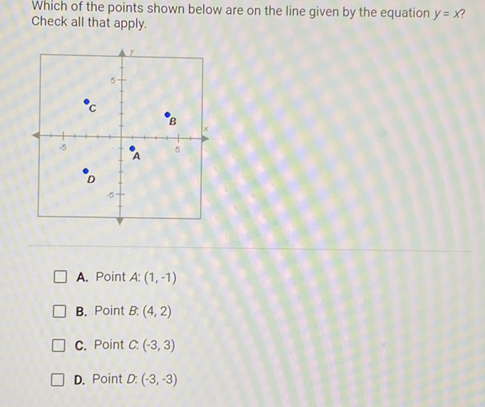 Which of the points shown below are on the line given by the equation \( y=x \) ? check all that apply.
A. Point \( A:(1,-1) \)
B. Point B: \( (4,2) \)
C. Point C. \( (-3,3) \)
D. Point D: \( (-3,-3) \)