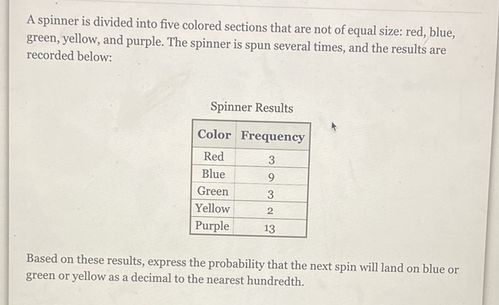 A spinner is divided into five colored sections that are not of equal size: red, blue, green, yellow, and purple. The spinner is spun several times, and the results are recorded below:
Spinner Results
\begin{tabular}{|c|c|}
\hline Color & Frequency \\
\hline Red & 3 \\
\hline Blue & 9 \\
\hline Green & 3 \\
\hline Yellow & 2 \\
\hline Purple & 13 \\
\hline
\end{tabular}
Based on these results, express the probability that the next spin will land on blue or green or yellow as a decimal to the nearest hundredth.