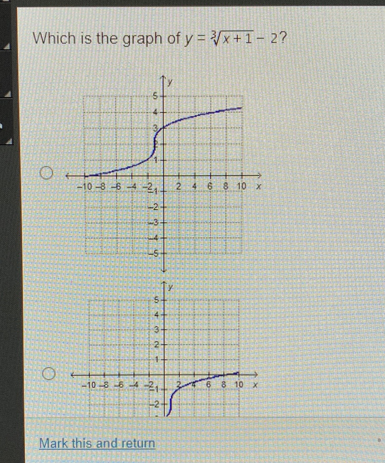 Which is the graph of \( y=\sqrt[3]{x+1}-2 ? \)
Mark this and return
