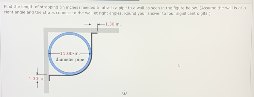 Find the length of strapping (in inches) needed to attach a pipe to a wall as seen in the figure below. (Assume the wall is at a right angle and the straps connect to the wall at right angles. Round your answer to four significant digits.)