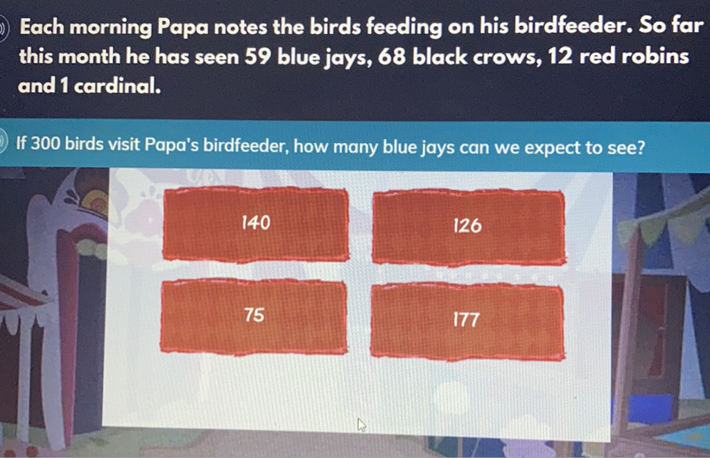 Each morning Papa notes the birds feeding on his birdfeeder. So far this month he has seen 59 blue jays, 68 black crows, 12 red robins and 1 cardinal.
If 300 birds visit Papa's birdfeeder, how many blue jays can we expect to see?