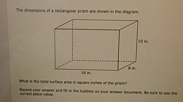 The dimensions of a rectangular prism are shown in the diagram.
What is the total surface area in square inches of the prism?
Record your answer and fill in the bubbles on your answer document. Be sure to use the correct place value.