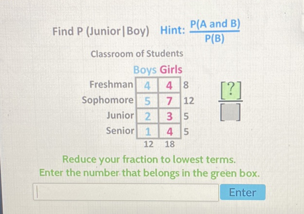 Find \( P \) (Junior|Boy) Hint: \( \frac{P(A \text { and } B)}{P(B)} \)
Classroom of Students
Reduce your fraction to lowest terms.
Enter the number that belongs in the green box.
Enter