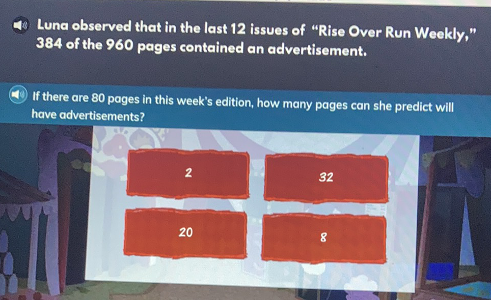 Luna observed that in the last 12 issues of "Rise Over Run Weekly," 384 of the 960 pages contained an advertisement.
If there are 80 pages in this week's edition, how many pages can she predict will have advertisements?