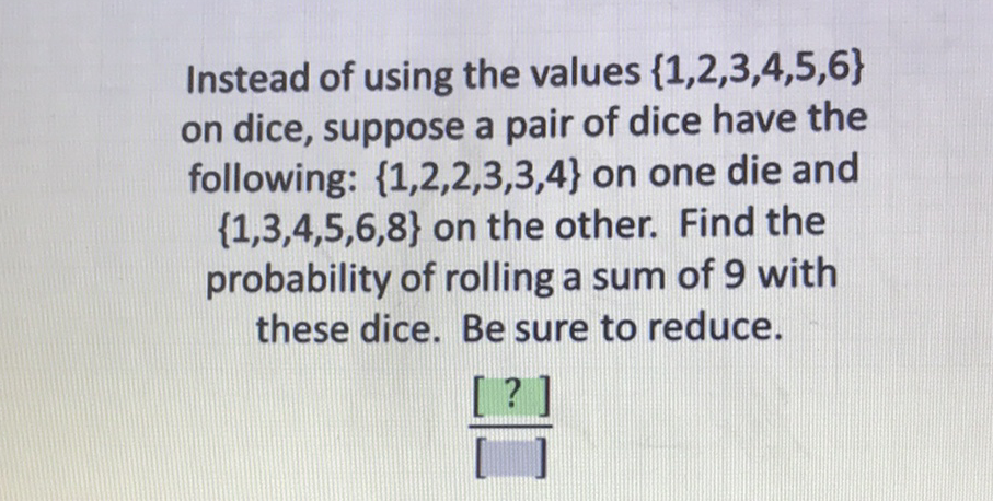 Instead of using the values \( \{1,2,3,4,5,6\} \) on dice, suppose a pair of dice have the following: \( \{1,2,2,3,3,4\} \) on one die and \( \{1,3,4,5,6,8\} \) on the other. Find the probability of rolling a sum of 9 with these dice. Be sure to reduce.