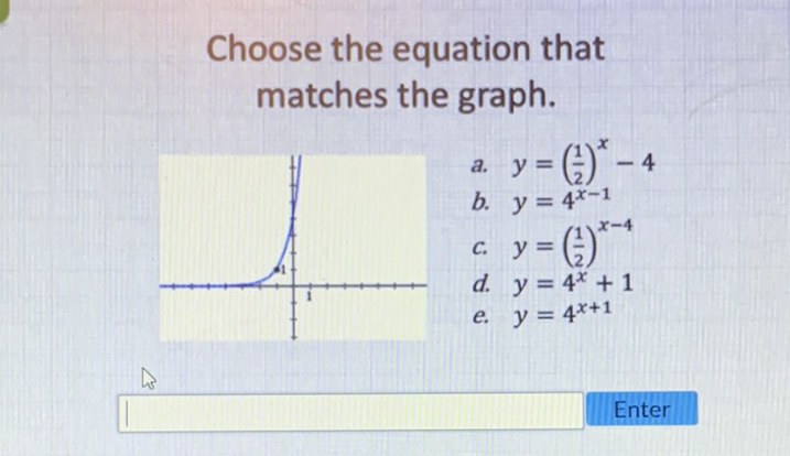 Choose the equation that matches the graph.
Enter