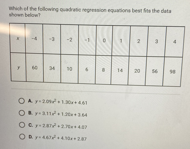 Which of the following quadratic regression equations best fits the data shown below?
\begin{tabular}{|c|c|c|c|c|c|c|c|c|c|}
\hline\( x \) & \( -4 \) & \( -3 \) & \( -2 \) & \( -1 \) & 0 & 1 & 2 & 3 & 4 \\
\hline\( y \) & 60 & 34 & 10 & 6 & 8 & 14 & 20 & 56 & 98 \\
\hline
\end{tabular}
A. \( y=2.09 x^{2}+1.30 x+4.61 \)
B. \( y=3.11 x^{2}+1.20 x+3.64 \)
C. \( y=2.87 x^{2}+2.70 x+4.07 \)
D. \( y=4.67 x^{2}+4.10 x+2.87 \)
