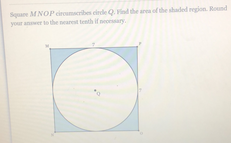 Square \( M N O P \) circumscribes circle \( Q \). Find the area of the shaded region. Round your answer to the nearest tenth if necessary.