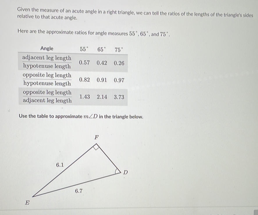Given the measure of an acute angle in a right triangle, we can tell the ratios of the lengths of the triangle's sides relative to that acute angle.
Here are the approximate ratios for angle measures \( 55^{\circ}, 65^{\circ} \), and \( 75^{\circ} \).
Use the table to approximate \( m \angle D \) in the triangle below.