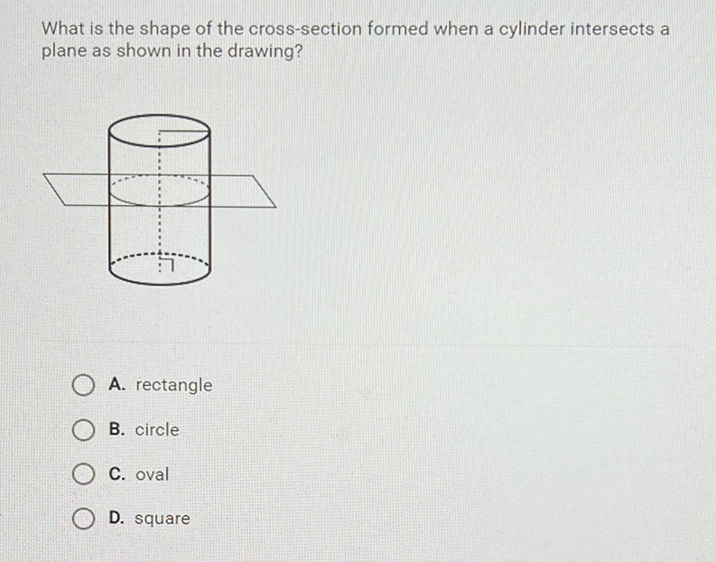 What is the shape of the cross-section formed when a cylinder intersects a plane as shown in the drawing?
A. rectangle
B. circle
C. oval
D. square