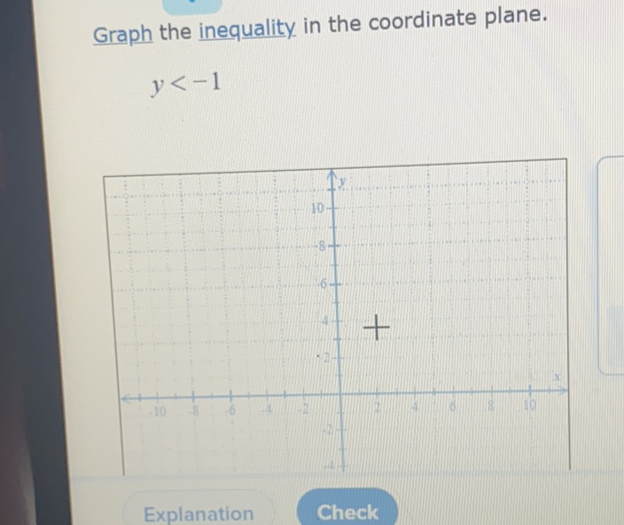 Graph the inequality in the coordinate plane.
\[
y<-1
\]
Explanation
Check