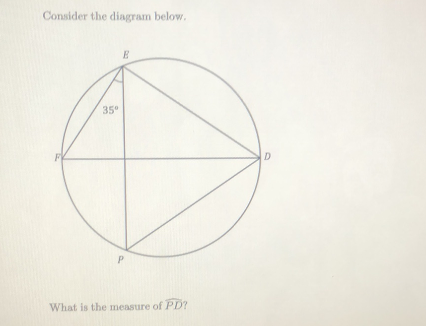 Consider the diagram below.
What is the measure of \( \widehat{P D} \) ?