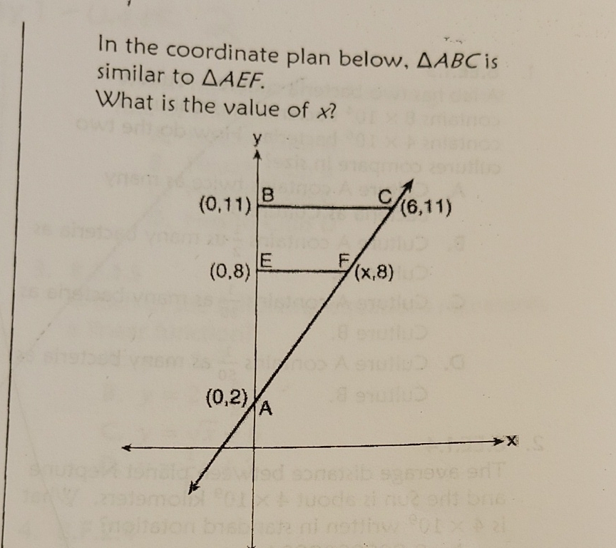 In the coordinate plan below, \( \triangle A B C \) is similar to \( \triangle A E F \).
What is the value of \( x \) ?