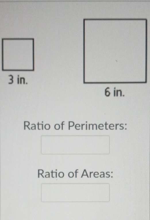 3 in.
6 in.
Ratio of Perimeters:
Ratio of Areas: