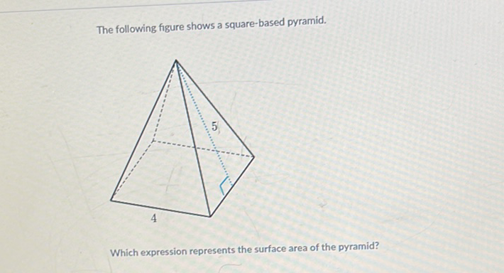 The following figure shows a square-based pyramid.
Which expression represents the surface area of the pyramid?