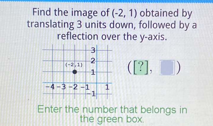 Find the image of \( (-2,1) \) obtained by translating 3 units down, followed by a reflection over the \( y \)-axis.
Enter the number that belongs in the green box