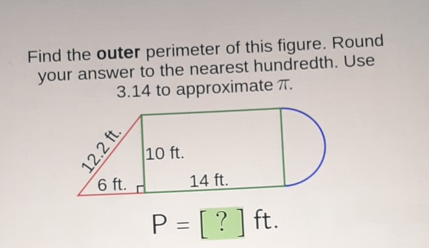Find the outer perimeter of this figure. Round your answer to the nearest hundredth. Use \( 3.14 \) to approximate \( \pi \).