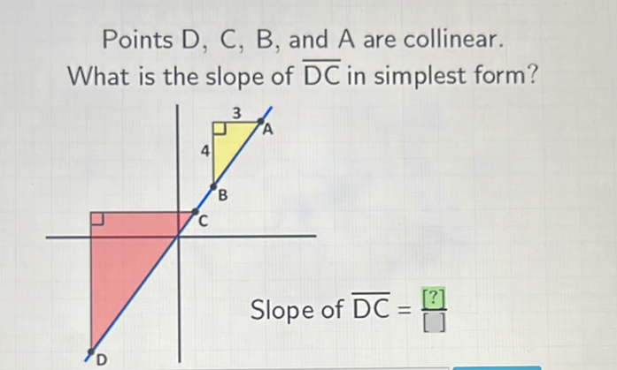 Points D, C, B, and A are collinear. What is the slope of \( \overline{\mathrm{DC}} \) in simplest form?