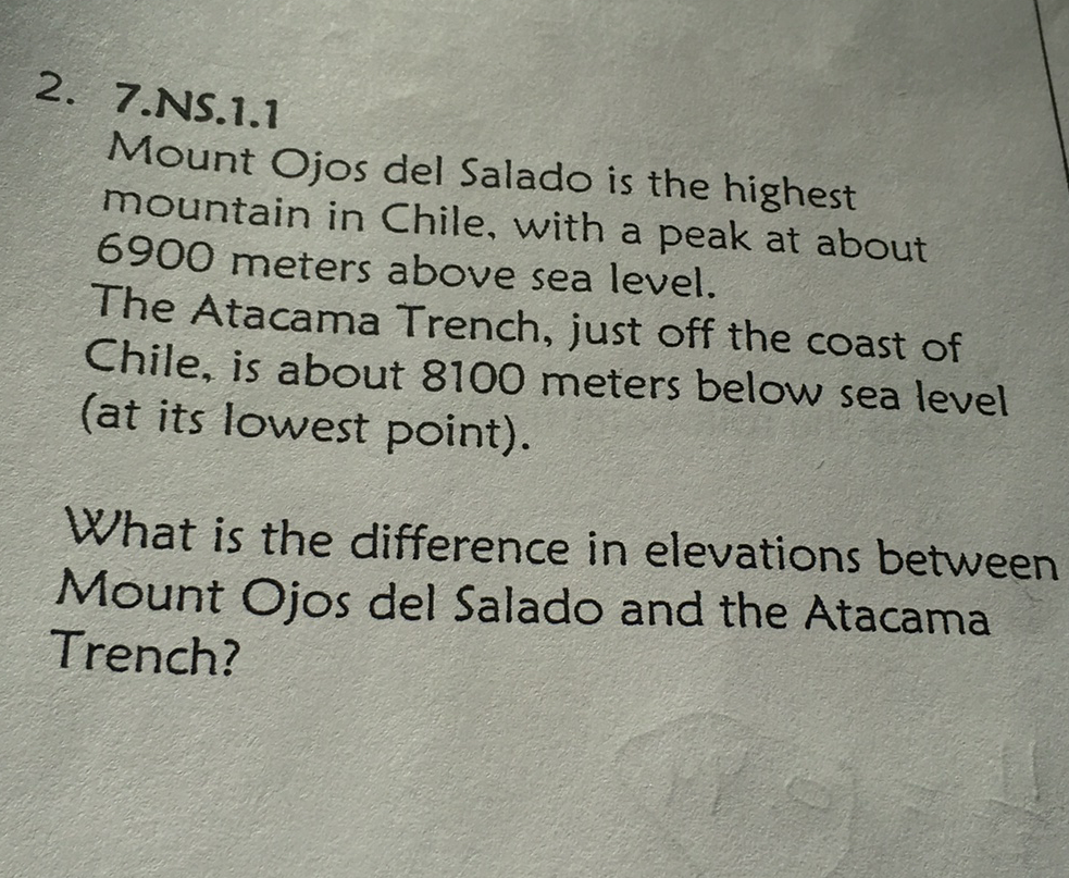 2. 7.NS.1.1
Mount Ojos del Salado is the highest mountain in Chile, with a peak at about 6900 meters above sea level. The Atacama Trench, just off the coast of Chile, is about 8100 meters below sea level (at its lowest point).

What is the difference in elevations between Mount Ojos del Salado and the Atacama Trench?