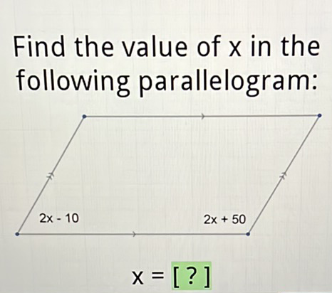 Find the value of \( x \) in the following parallelogram: