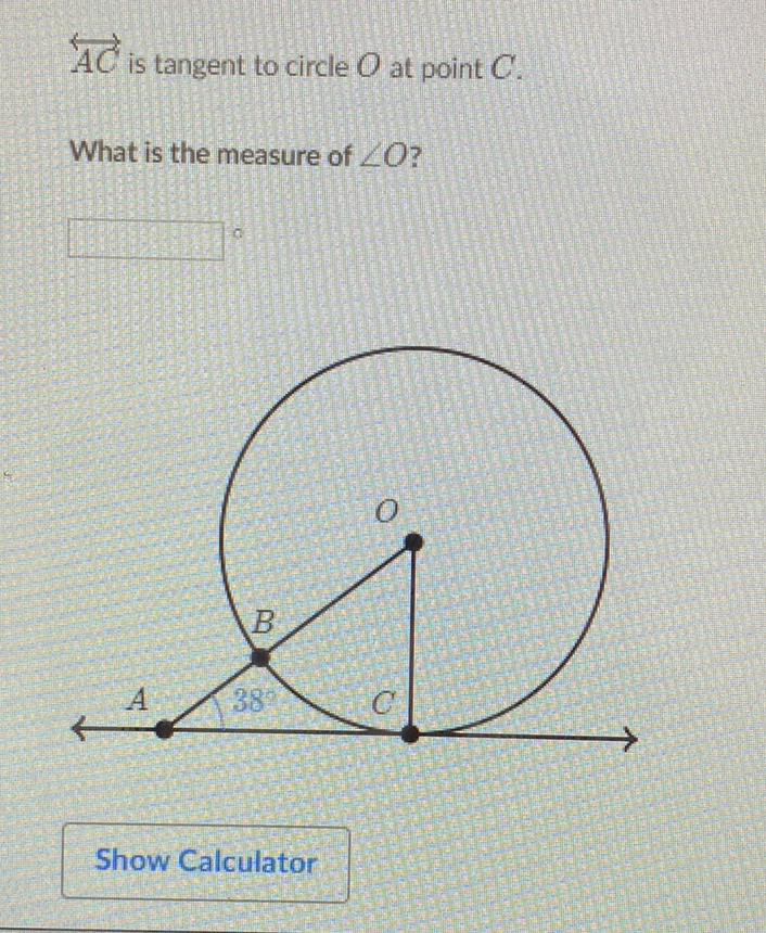 \( \overleftrightarrow{A C} \) is tangent to circle \( O \) at point \( C \).
What is the measure of \( \angle O \) ?