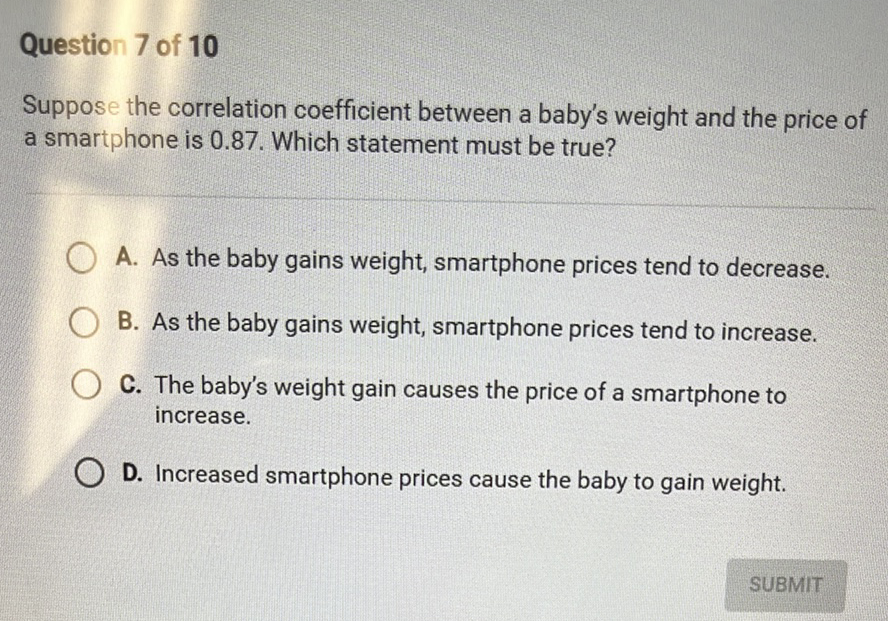 Question 7 of 10
Suppose the correlation coefficient between a baby's weight and the price of a smartphone is \( 0.87 \). Which statement must be true?
A. As the baby gains weight, smartphone prices tend to decrease.
B. As the baby gains weight, smartphone prices tend to increase.
C. The baby's weight gain causes the price of a smartphone to increase.

D. Increased smartphone prices cause the baby to gain weight.