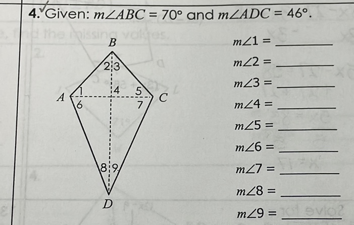 4. Given: \( m \angle A B C=70^{\circ} \) and \( m \angle A D C=46^{\circ} \).