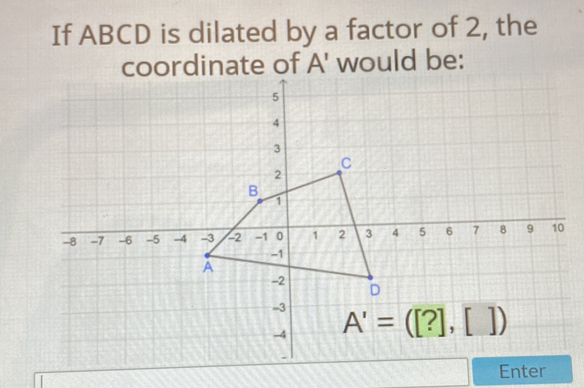 If \( A B C D \) is dilated by a factor of 2 , the coordinate of \( A^{\prime} \) would be:

Enter