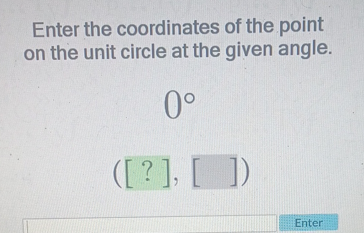 Enter the coordinates of the point on the unit circle at the given angle.
\( 0^{\circ} \)
\( ([?],[]) \)