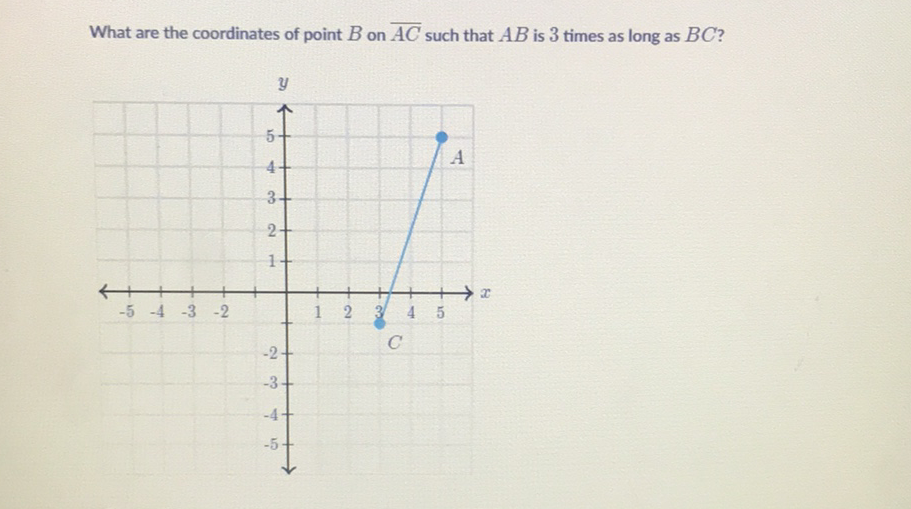 What are the coordinates of point \( B \) on \( \overline{A C} \) such that \( A B \) is 3 times as long as \( B C \) ?