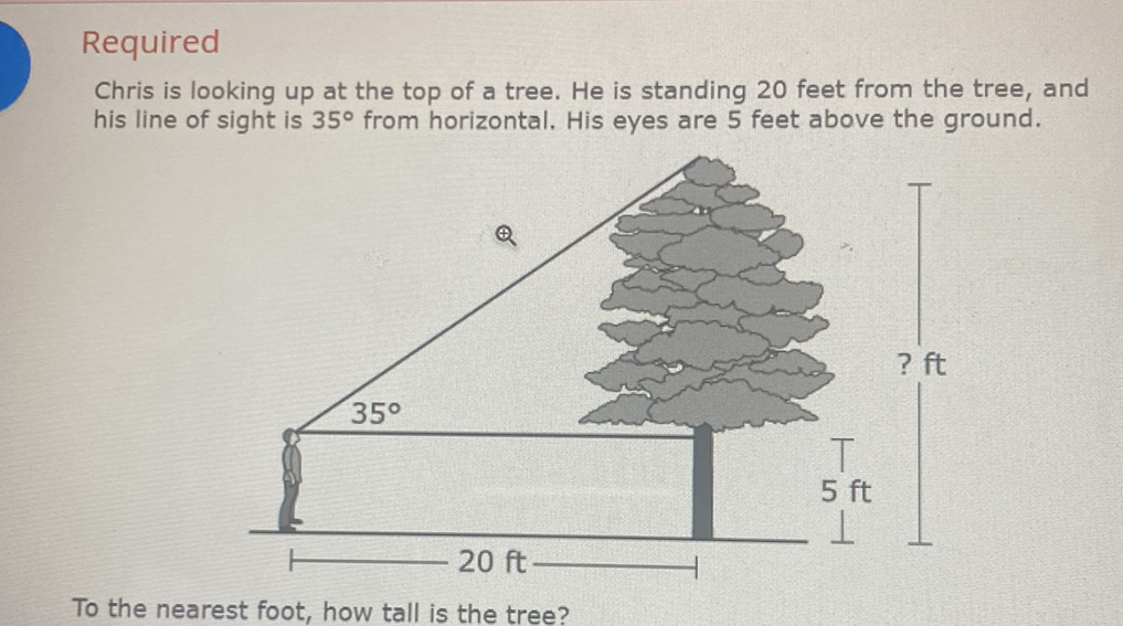 Required
Chris is looking up at the top of a tree. He is standing 20 feet from the tree, and his line of sight is \( 35^{\circ} \) from horizontal. His eyes are 5 feet above the ground.
To the nearest foot, how tall is the tree?