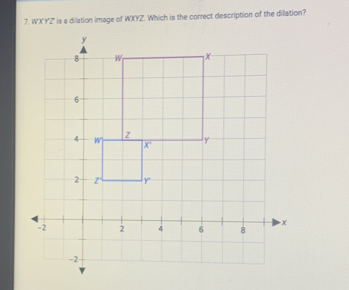 7. WXYZ is a dilation image of WXYZ. Which is the correct description of the dilation?
