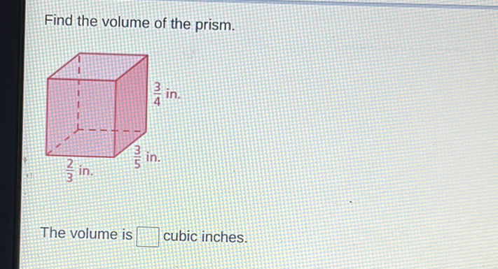 Find the volume of the prism.
The volume is cubic inches.