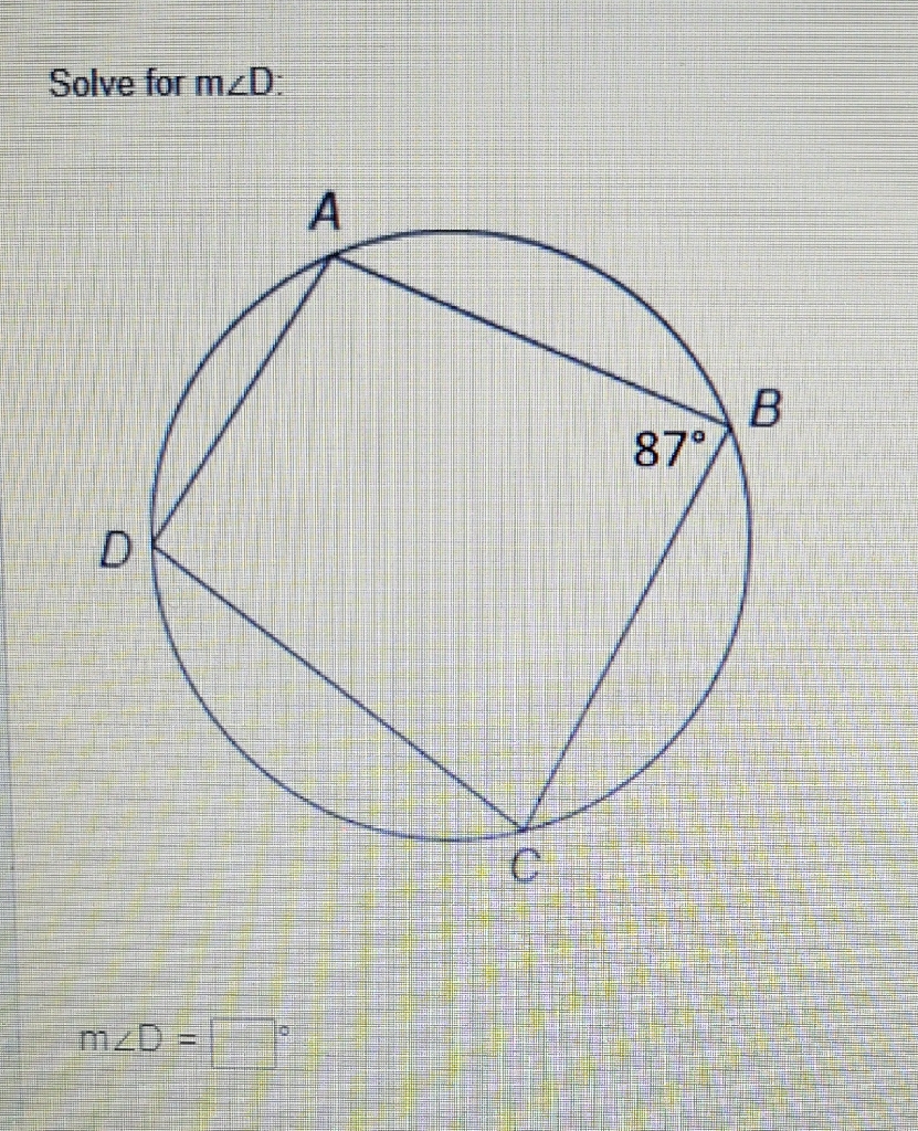 Solve for \( m \angle D \) :
\[
\mathrm{m} \angle D=
\]