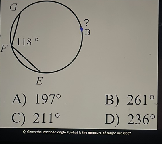 A) \( 197^{\circ} \)
C) \( 211^{\circ} \)
B) \( 261^{\circ} \)
D) \( 236^{\circ} \)