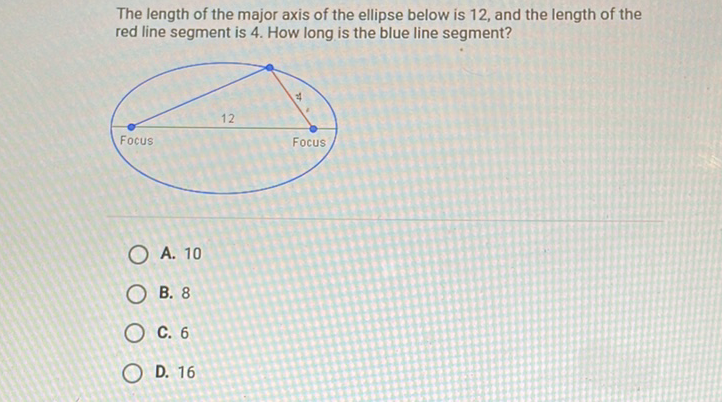 The length of the major axis of the ellipse below is 12 , and the length of the red line segment is 4 . How long is the blue line segment?
A. 10
B. 8
C. 6
D. 16