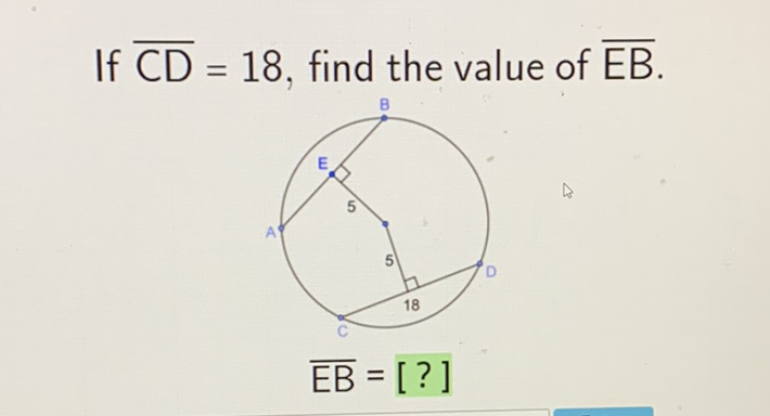 If \( \overline{\mathrm{CD}}=18 \), find the value of \( \overline{\mathrm{EB}} \).