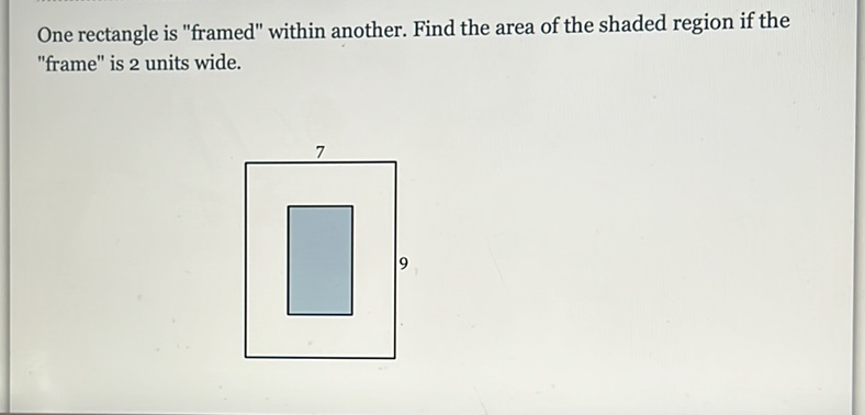 One rectangle is "framed" within another. Find the area of the shaded region if the "frame" is 2 units wide.