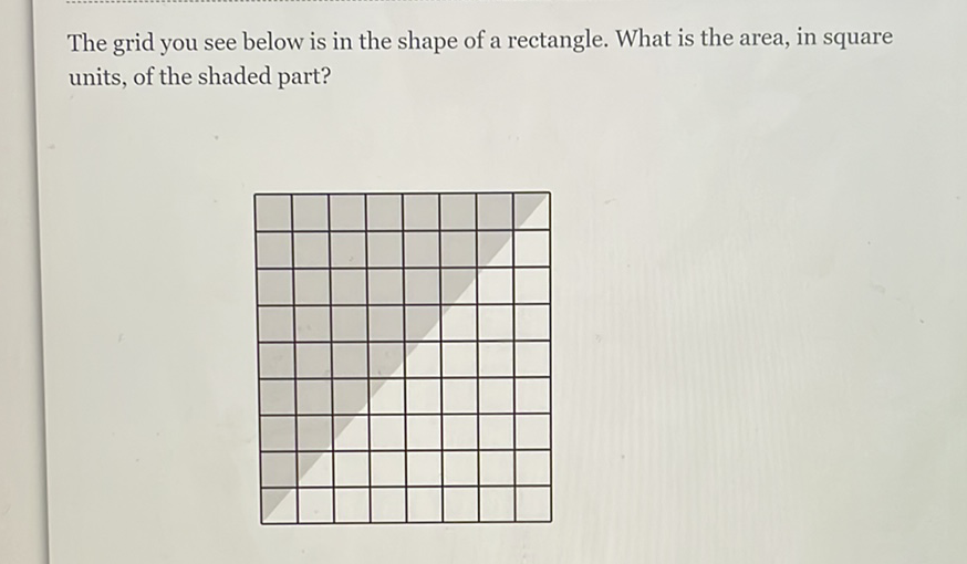 The grid you see below is in the shape of a rectangle. What is the area, in square units, of the shaded part?