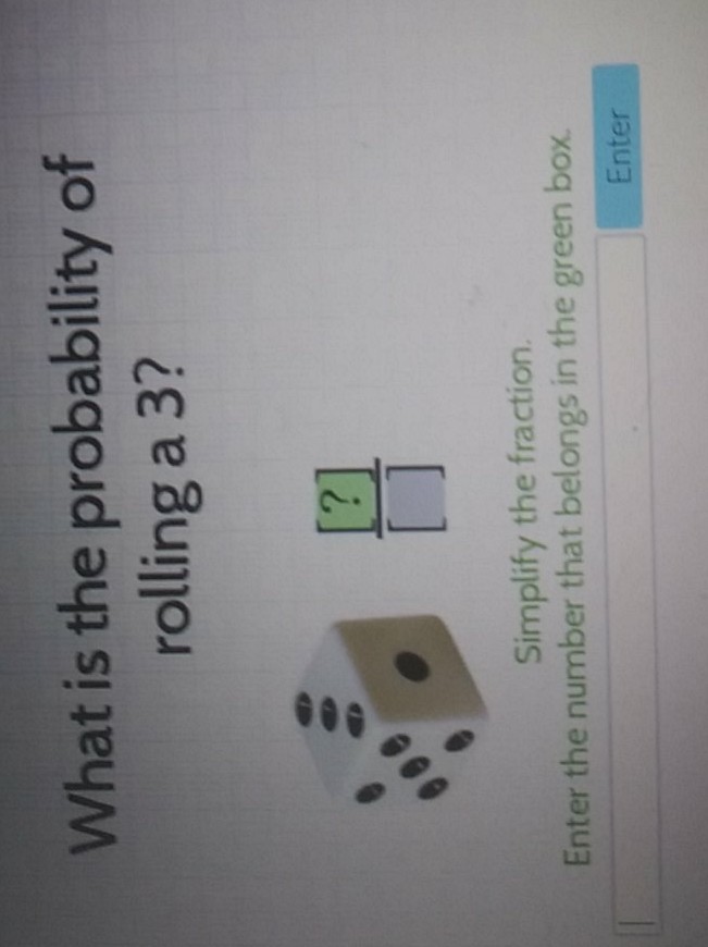 What is the probability of rolling a 3?
Simplify the fraction.
Enter the number that belongs in the green box.
Enter