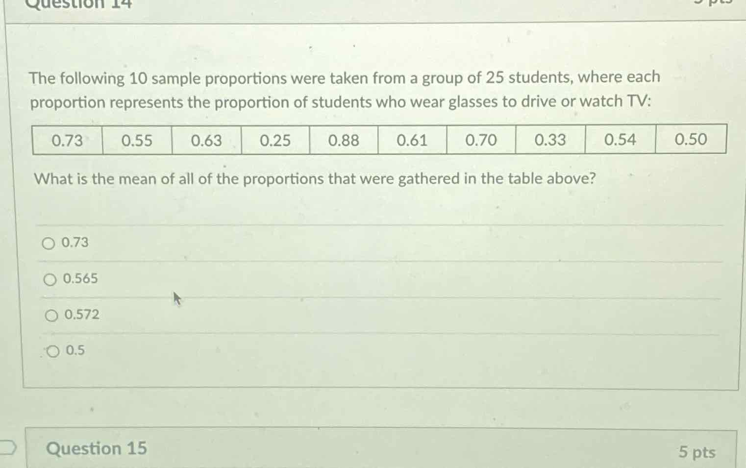 The following 10 sample proportions were taken from a group of 25 students, where each proportion represents the proportion of students who wear glasses to drive or watch TV:
\begin{tabular}{|l|l|l|l|l|l|l|l|l|l|}
\hline \( 0.73 \) & \( 0.55 \) & \( 0.63 \) & \( 0.25 \) & \( 0.88 \) & \( 0.61 \) & \( 0.70 \) & \( 0.33 \) & \( 0.54 \) & \( 0.50 \) \\
\hline
\end{tabular}
What is the mean of all of the proportions that were gathered in the table above?
\( 0.73 \)
\( 0.565 \)
\( 0.572 \)
\( 0.5 \)
Question 15
5 pts