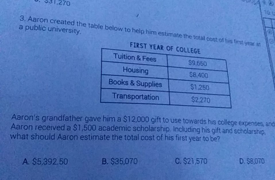 3. Aaron created the table below to help him estimate the toral cost of his first year at a public university.
\begin{tabular}{|c|c|}
\hline \multicolumn{2}{c}{ FIRST YEAR OF COLLEGE } \\
\hline Housing & \( \$ 9,650 \) \\
\hline Transportation & \( \$ 8,400 \) \\
\hline
\end{tabular}
Aaron's grandfather gave him a \( \$ 12,000 \) gift to use towards his college expenses, and Aaron received a \$1,500 academic scholarship. Including his gift and scholarship, what should Aaron estimate the total cost of his first year to be?
A. \( \$ 5,392.50 \)
B. \( \$ 35,070 \)
C. \( \$ 21,570 \)
D. \( \$ 8,070 \)