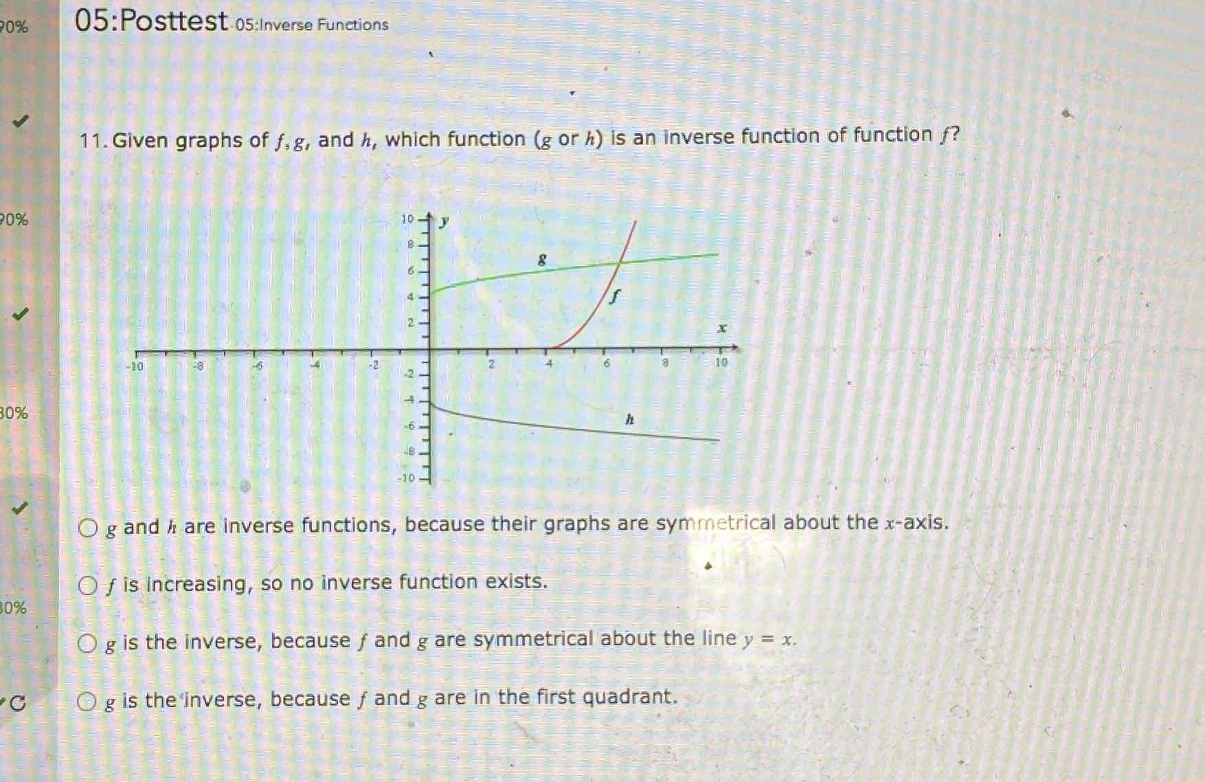 05: Posttest 05:Inverse Functions
11. Given graphs of \( f, g \), and \( h \), which function \( (g \) or \( h) \) is an inverse function of function \( f \) ?
\( g \) and \( h \) are inverse functions, because their graphs are symmetrical about the \( x \)-axis.
\( f \) is increasing, so no inverse function exists.
\( g \) is the inverse, because \( f \) and \( g \) are symmetrical about the line \( y=x \).
\( g \) is the inverse, because \( f \) and \( g \) are in the first quadrant.