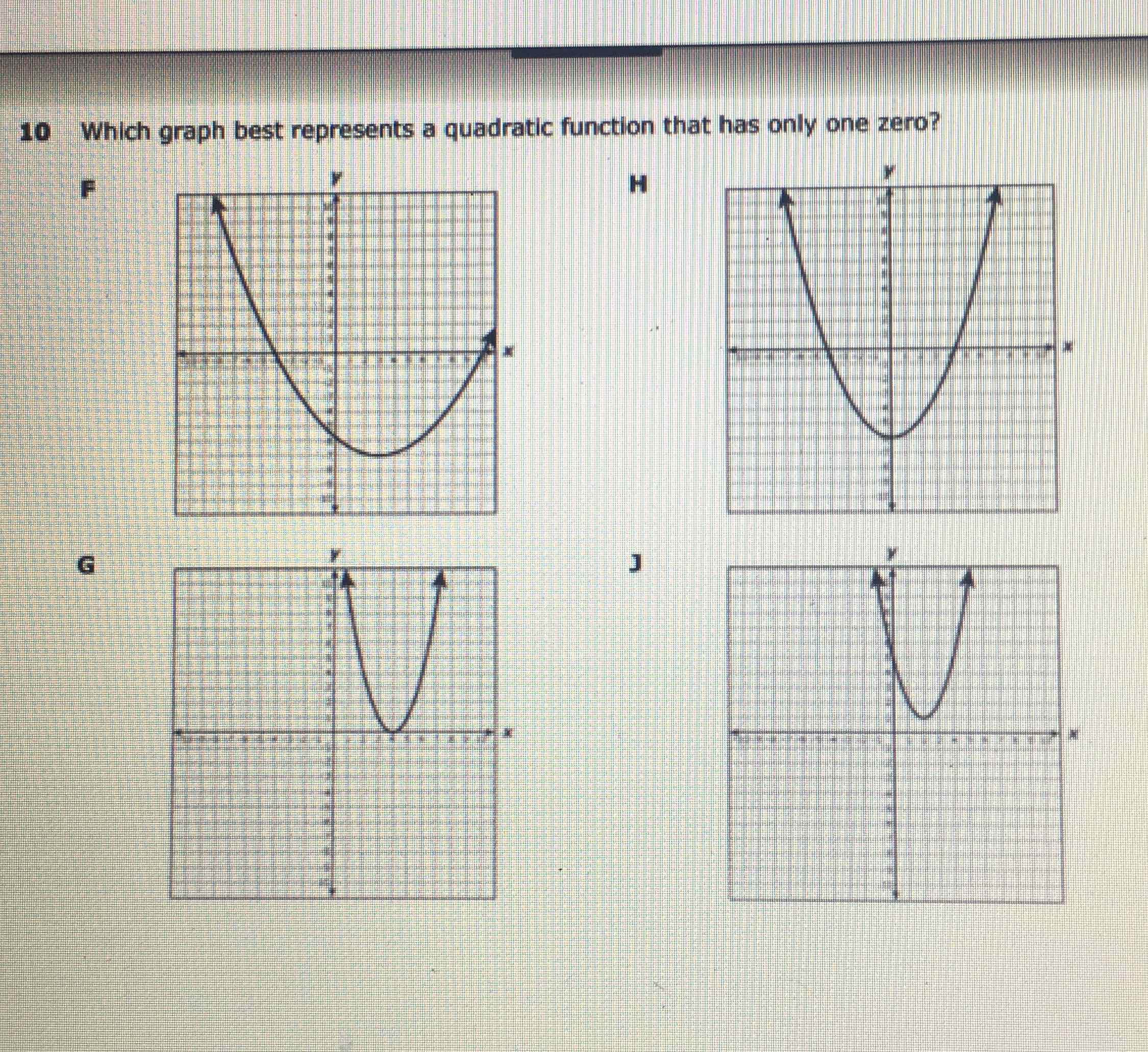 10 Which graph best represents a quadratic function that has only one zero?
\( \mathbf{H} \)
G
3