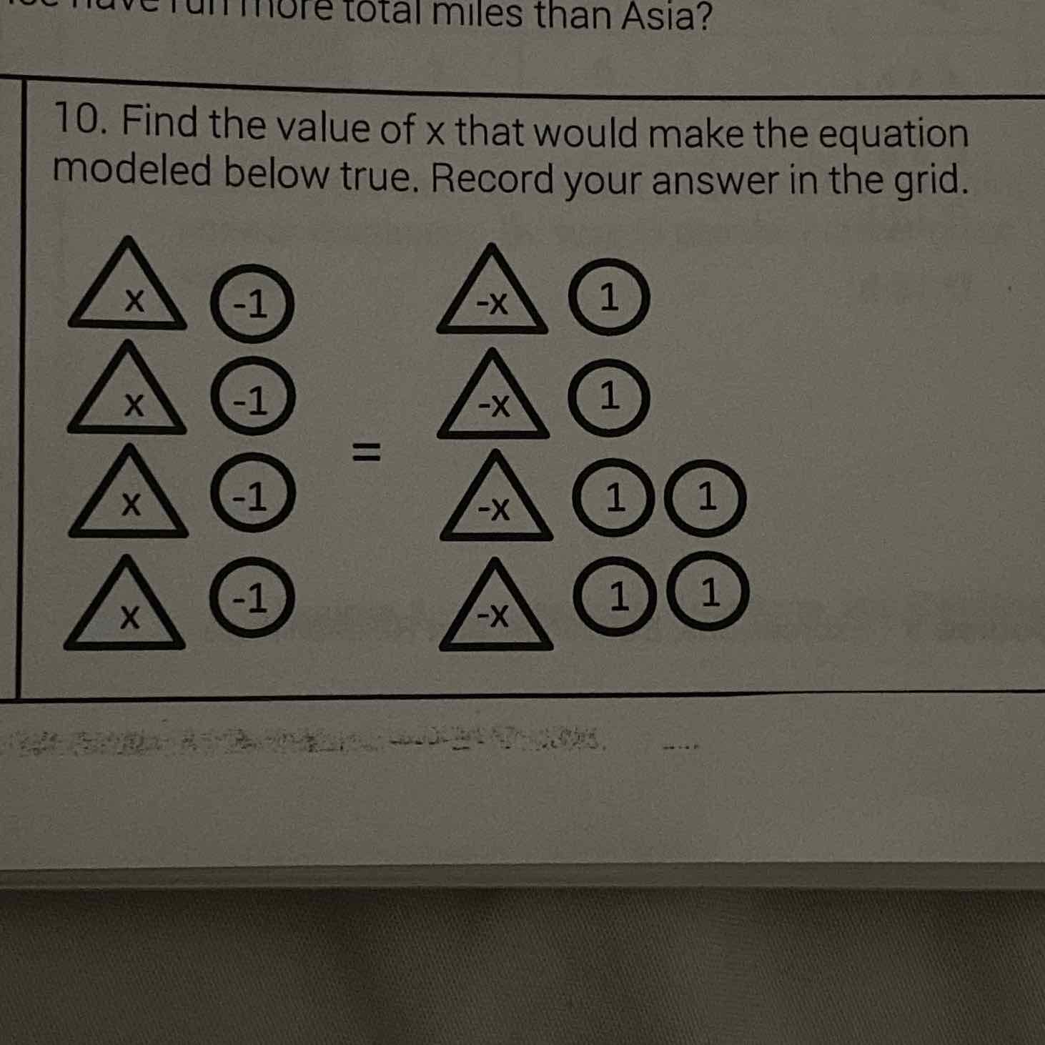 10. Find the value of \( x \) that would make the equation modeled below true. Record your answer in the grid.
(1)
(1) 1
(-1)
(1) 1