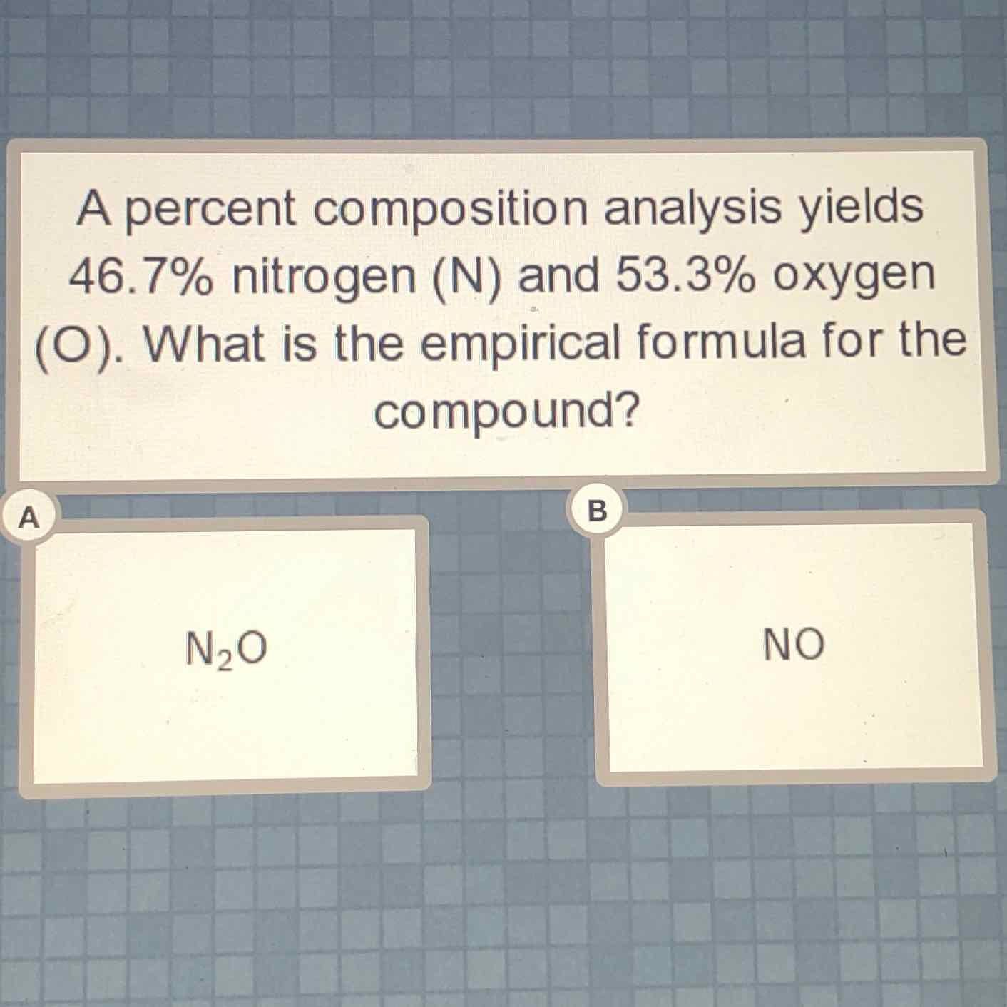 A percent composition analysis yields \( 46.7 \% \) nitrogen \( (N) \) and \( 53.3 \% \) oxygen (O). What is the empirical formula for the compound?
