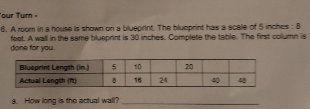 our Turn -
6. A room in a house is shown on a blueprint. The blueprint has a scale of 5 inches: 8 feet. A wall in the same blueprint is 30 inches. Complete the table. The first column is done for you.
\begin{tabular}{|l|c|c|c|c|c|}
\hline Blueprint Length (in) & 5 & 10 & & 20 & & \\
\hline Actual Length (ft) & 8 & 16 & 24 & & 40 & 48 \\
\hline
\end{tabular}
a. How long is the actual wal?