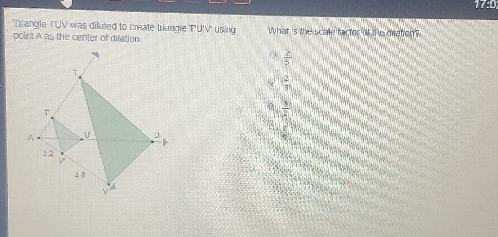 Triangle TUV was dilated to create triangle PU'V using point A as the center of dilation.